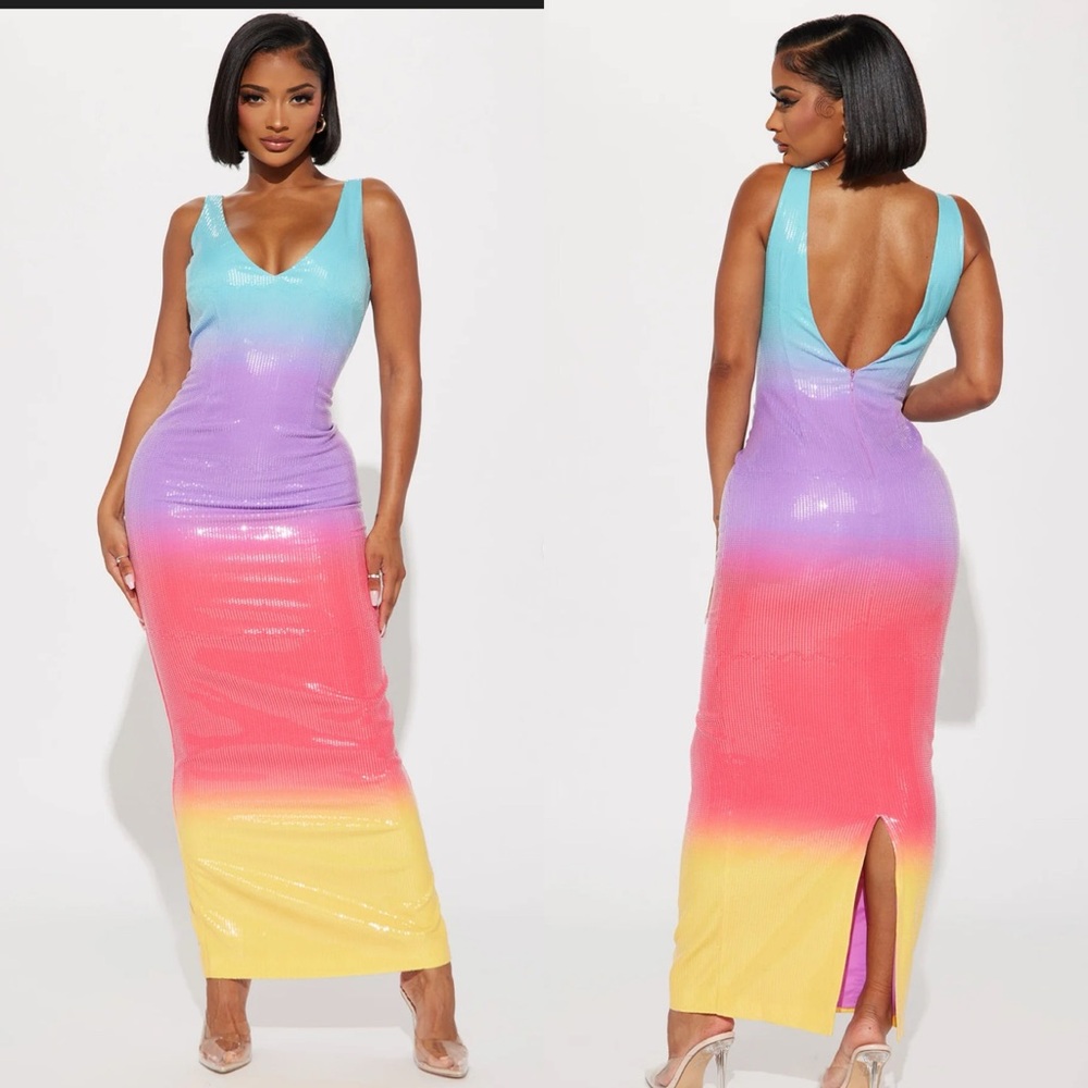 SALE 🌈Fashion Nova Graduent Sequin Rainbow Bodycon Dress with Plunge Neckline
